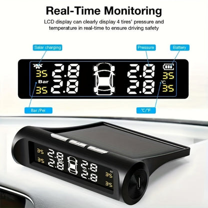 TPMS Tire Pressure Monitor Solar & USB Powered – Real-Time LCD Display, 6-Mode Auto Alarm, Windshield Mount, Day & Night Readable