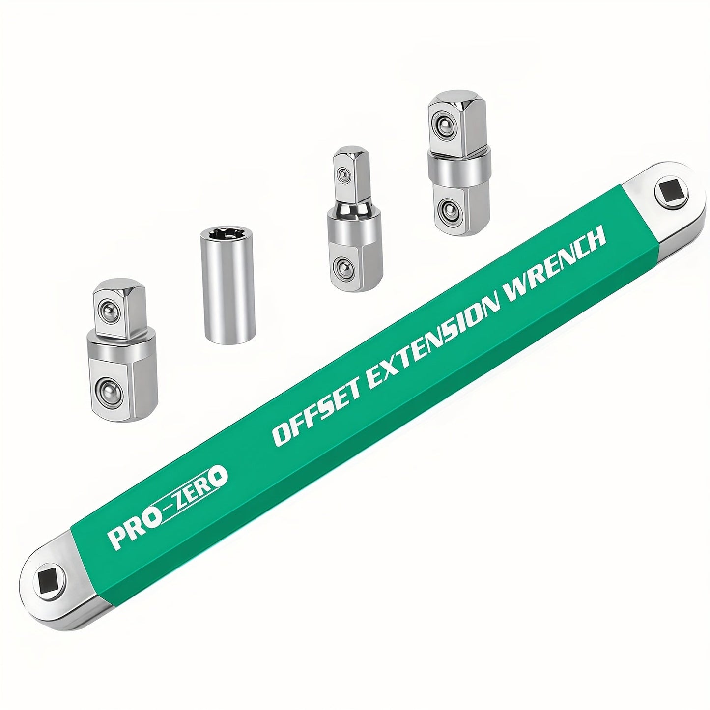 Ratchet Wrench 2-in-1 Offset Extension with 1/4" 3/8" 1/2" Square Head Adapters, 180-Degree Rotation High Torque Non-Slip Handle
