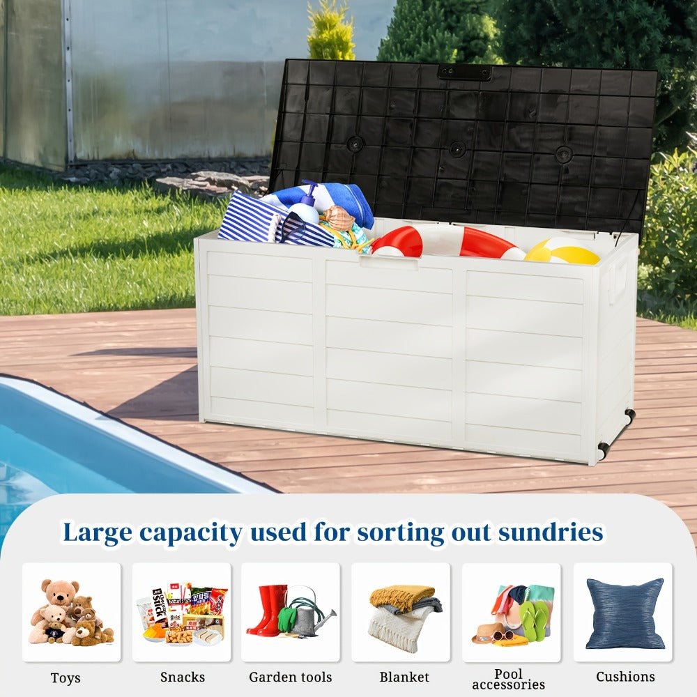75 Gallon Deck Box with Wheels, 284L Resin Outdoor Storage Box Lockable Plastic Container for Patio