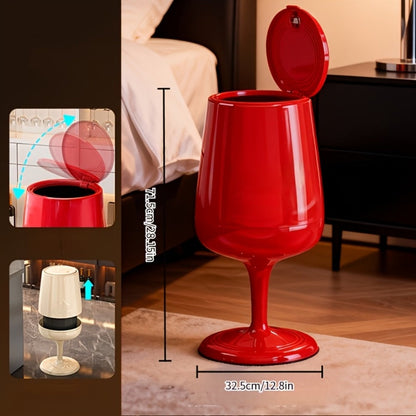 Wine Glass-Shaped Trash Can with Press Lid, 28.15-Inch Height and Red, Cream White or Black Finish