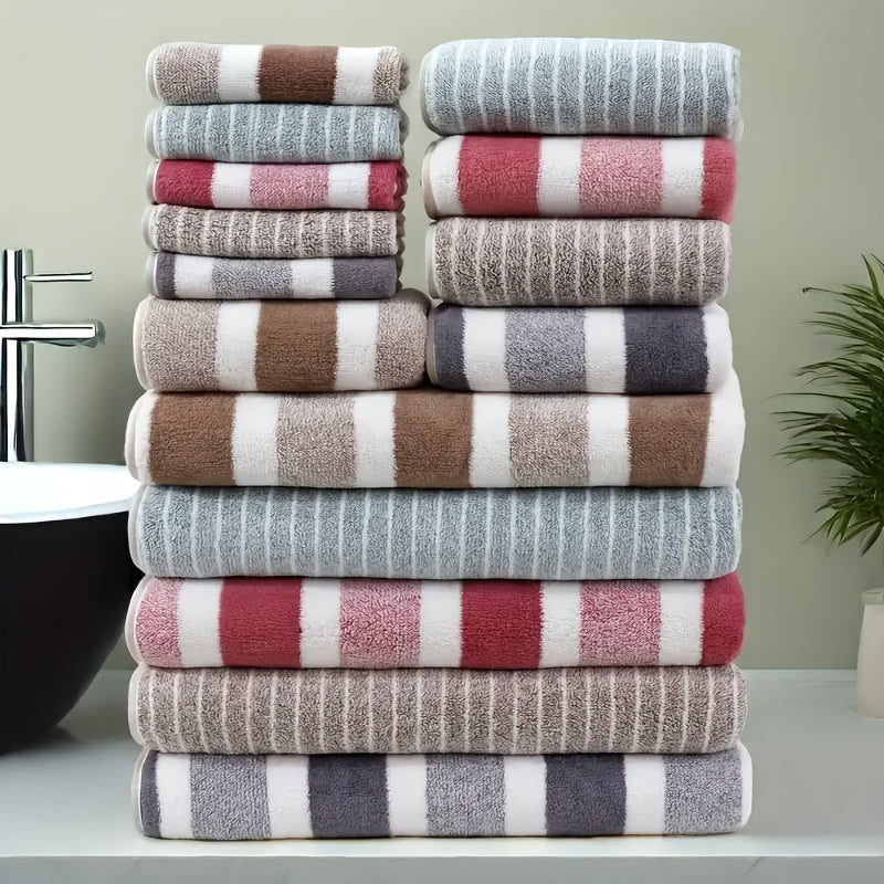 Towel Set 9 or 15 Piece 320GSM Coral Fleece Striped Mix in Five Solid or Mixed Colors for Home and Guest Use