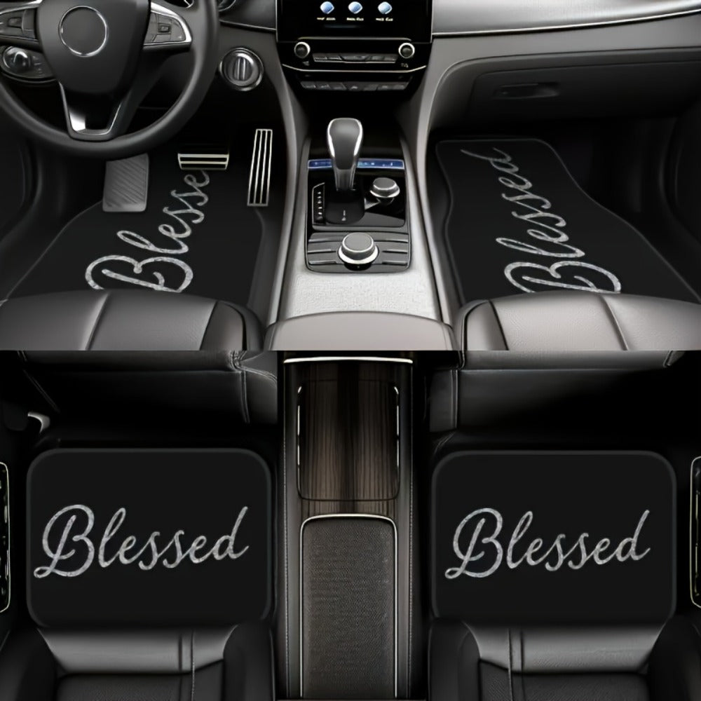 Blessed Script Car Floor Mats with Black Printed Surfaces in Two- or Four-Piece Set Options
