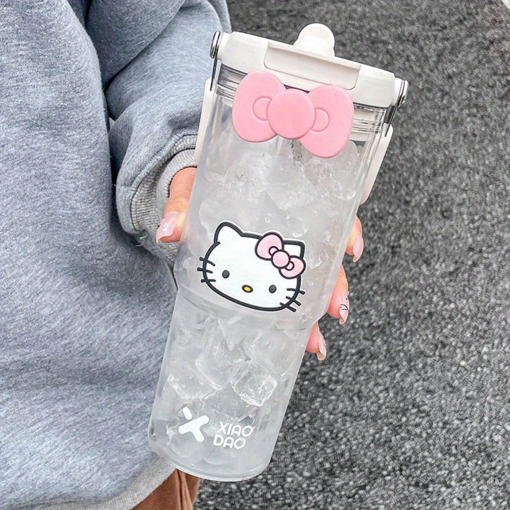 Hello Kitty Water Bottle with Straw 30 Oz, Large Cartoon Tumbler for Women & Girls, Portable Outdoor Sports Cup with Bow & Sticker