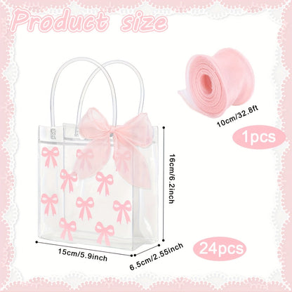 Tote Bags, Gift Bag Set Clear PVC, 24 Transparent with Pink Bow Handles and One 32.8-Foot Ribbon Roll
