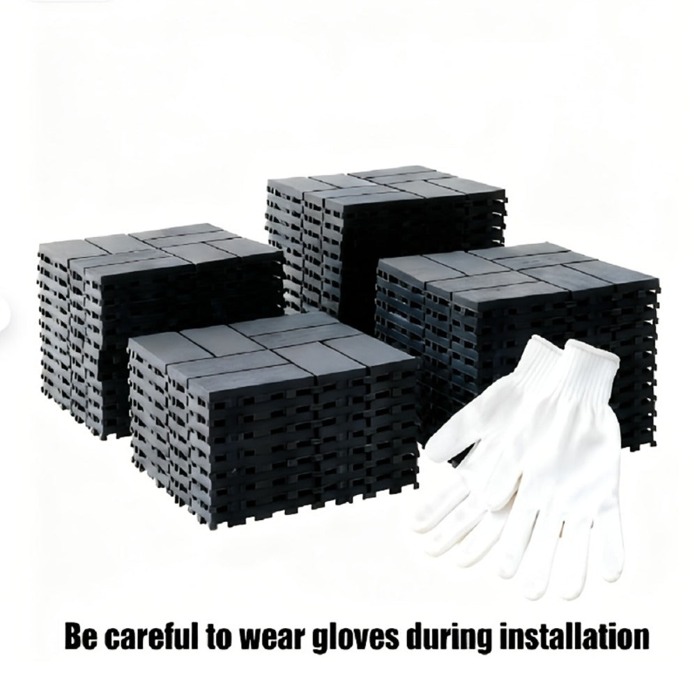 Gray 44-Piece Interlocking Deck Tile Set with 12-Inch Square Brick-Block Surface Pattern Pictured
