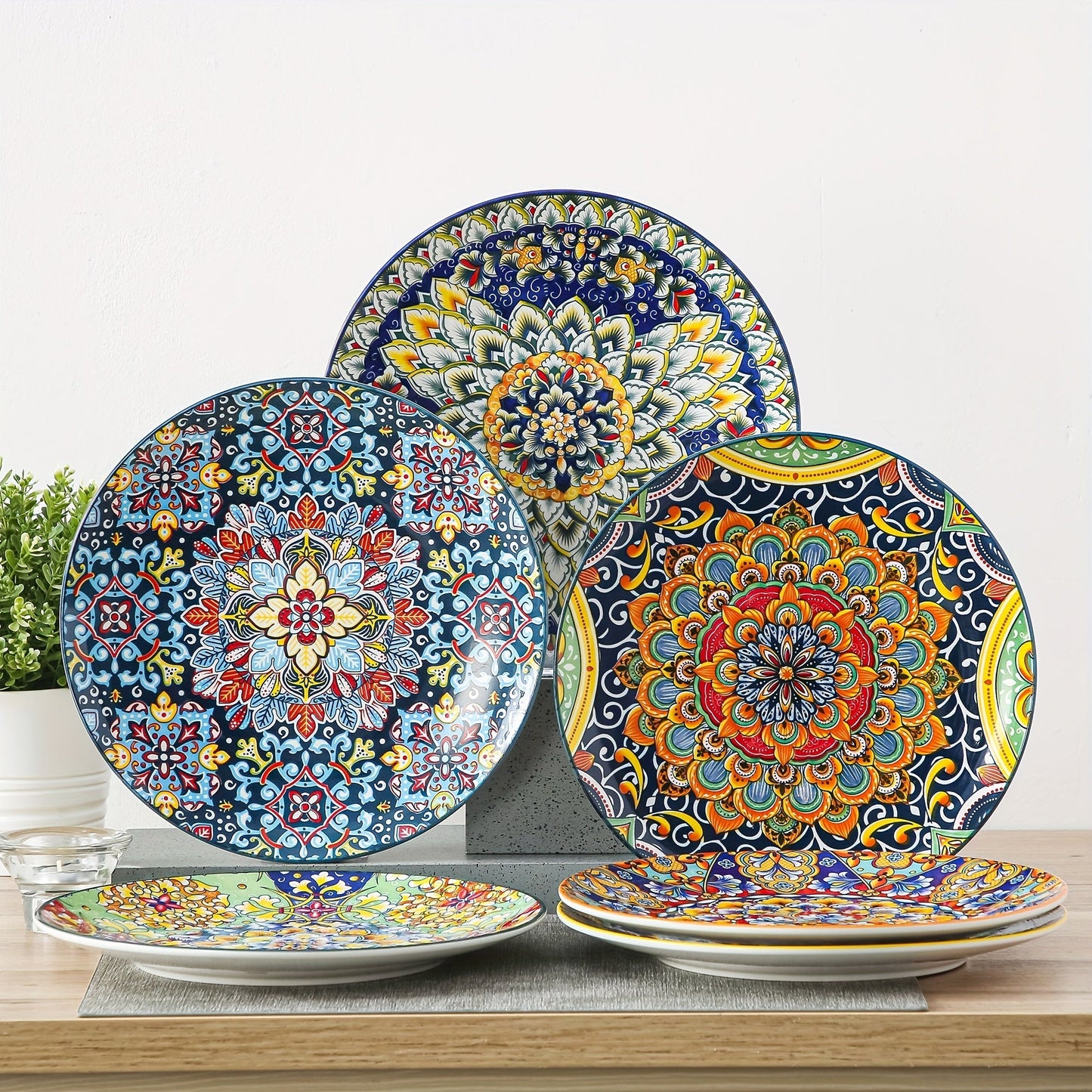 Bohemian Dinner Plates Set of 6 – 10.5 Inch Colorful Stoneware Plate Set Microwave Dishwasher Safe Scratch Resistant Porcelain Dinnerware