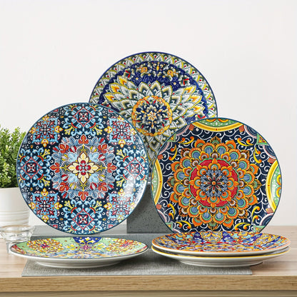 Bohemian Dinner Plates Set of 6 – 10.5 Inch Colorful Stoneware Plate Set Microwave Dishwasher Safe Scratch Resistant Porcelain Dinnerware