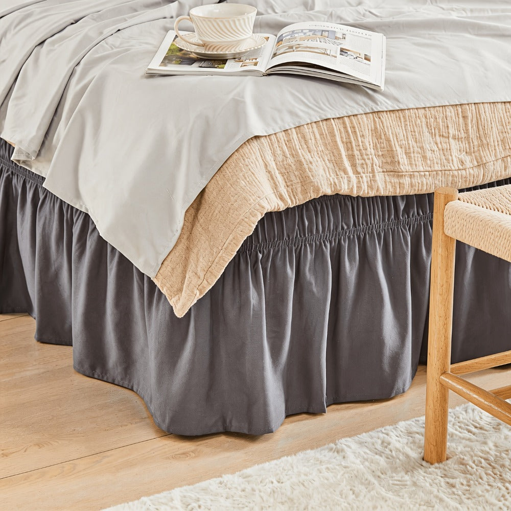 Bed Skirt Elastic Wrap Around Ruffle – 15 Inch Drop Microfiber Dust Ruffle, Adjustable No-Lift Fit, Fade Resistant Machine Washable