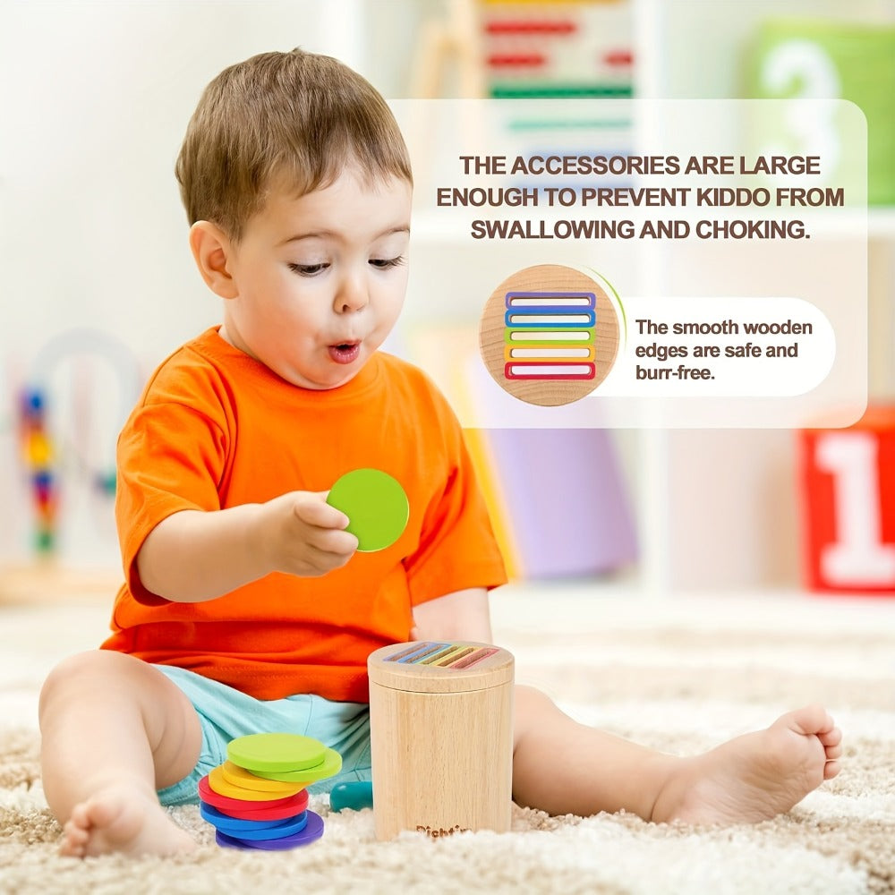 Wooden Color Sorting Coin Box Toy for Toddlers 1+, Montessori Educational Sensory Learning Toy with 10 Colorful Blocks & Storage Bag