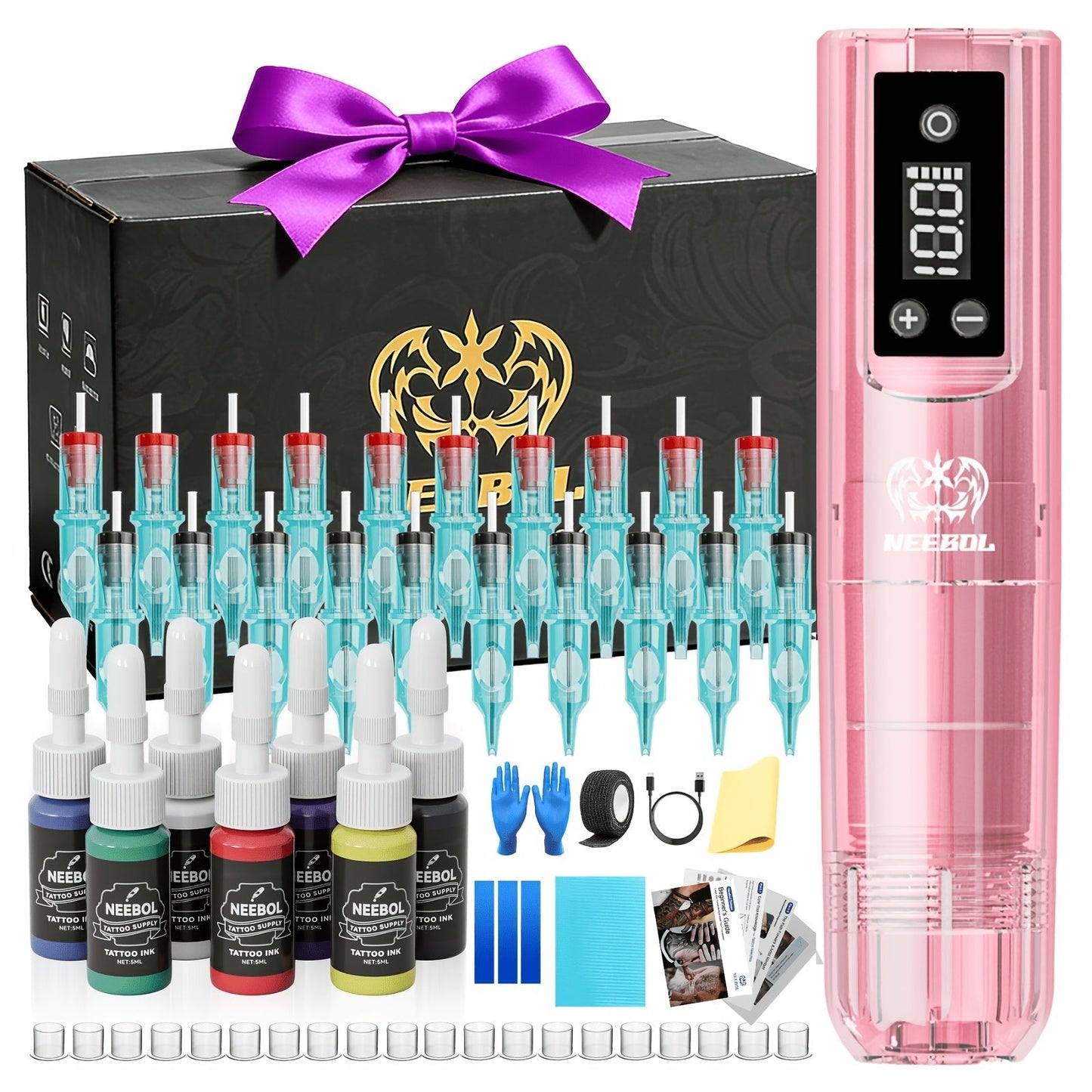 Tattoo Machine Kit Neebol Wireless Pen with Screen Display, 10 Cartridges, 7 Inks and Four Color or Pro Options