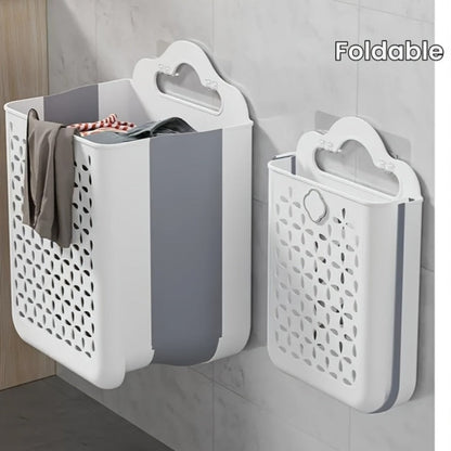 White Wall-Mounted Foldable Laundry Basket with Cutout Panels, Carry Handle and 39 cm Height