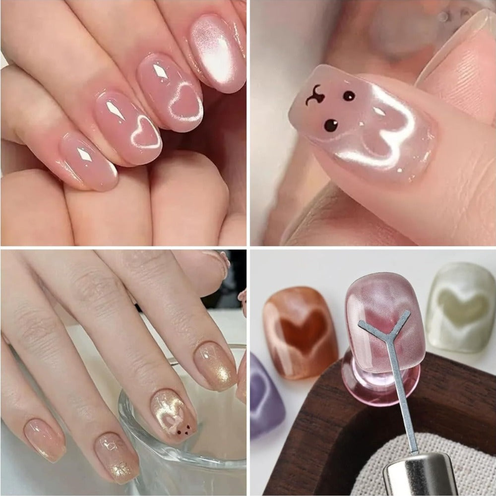 Cat Eye Nail Magnet Set 11pcs – 3-in-1 Magnet Stick with Heart & Bunny Designs, Strong Magnetic Tool for Cat Eye Gel Polish Nail Art