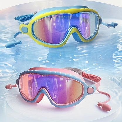 Kids Wide-Lens Swim Goggles with Attached Earplugs, Adjustable Strap and Blue or Pink Frame