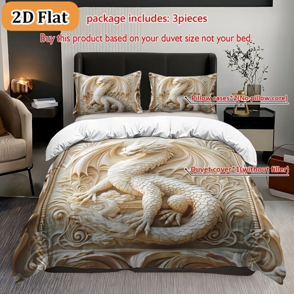 3-Piece Duvet Cover Set with Ivory Coiled Dragon Print, Ornate Carved-Look Artwork and Four Sizes