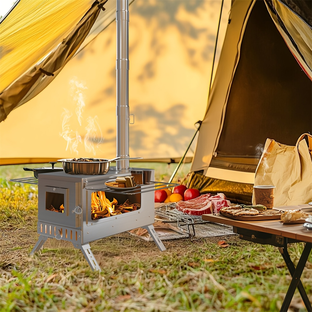 Wood Burning Stove Portable Camping Tent Stove with 7 Detachable Chimney Pipes, Stainless Steel, Adjustable Height