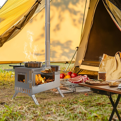 Wood Burning Stove Portable Camping Tent Stove with 7 Detachable Chimney Pipes, Stainless Steel, Adjustable Height