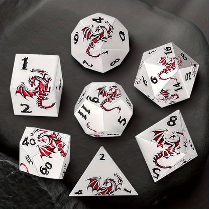 Dragon Metal Dice Set 7pcs Hand-Polished, Retro Carved Dragon Pattern Polyhedral DnD TTRPG RPG Dice with Dragon Storage Bag