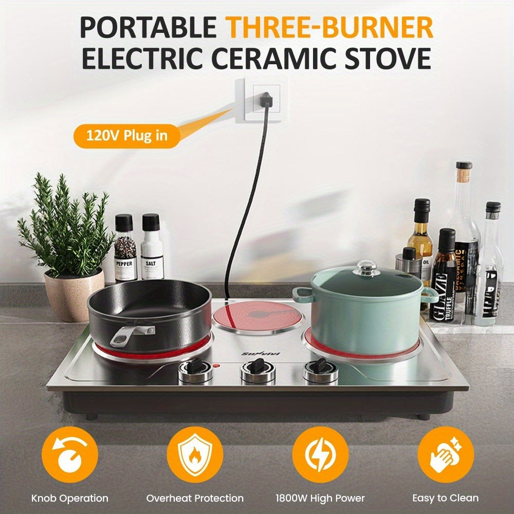 Portable Electric Cooktop Triple Burner 1800W, Royalcraft Countertop Electric Stove with Knob Control