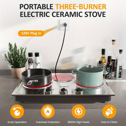 Portable Electric Cooktop Triple Burner 1800W, Royalcraft Countertop Electric Stove with Knob Control
