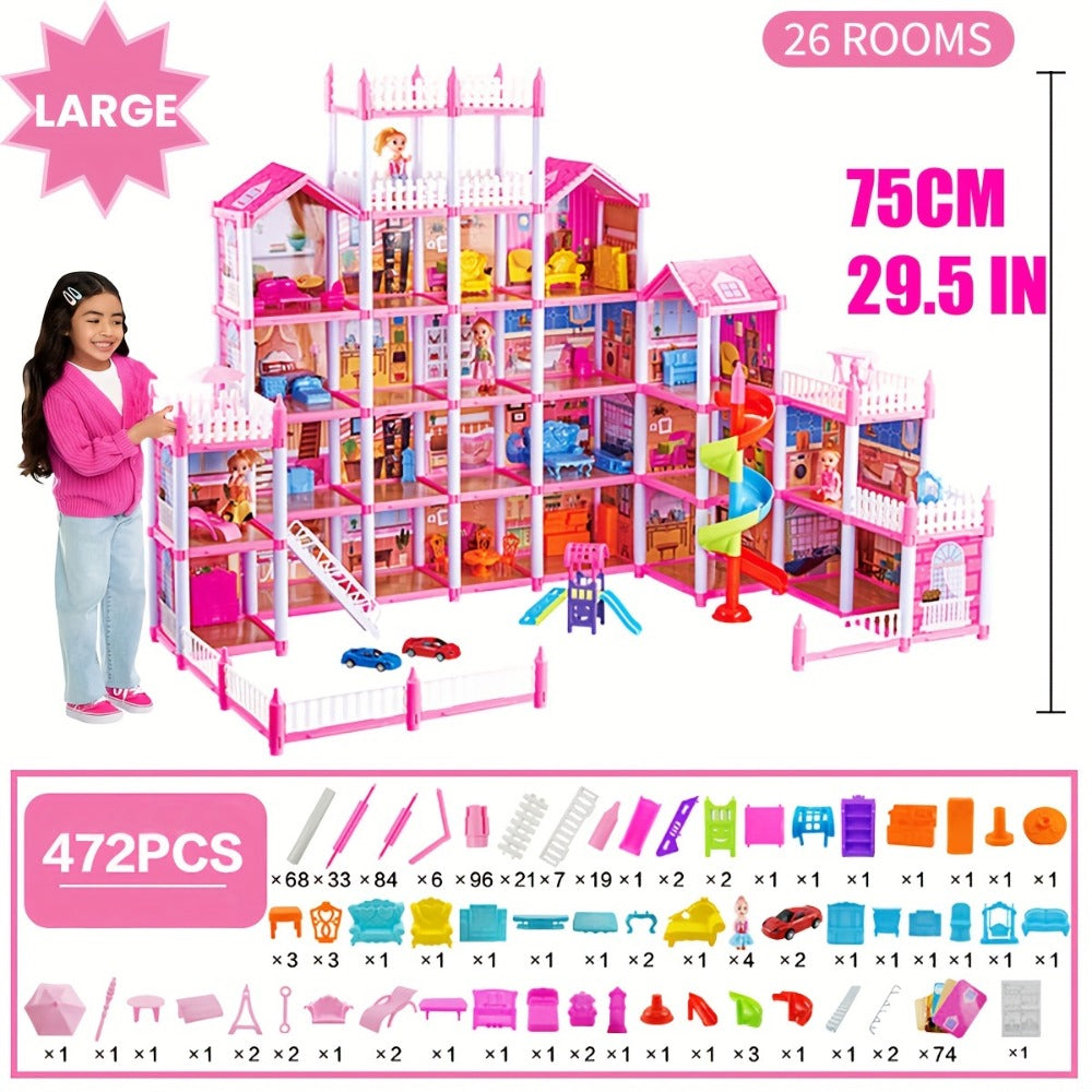 Princess Doll House Castle with Furniture & Accessories, Pink or Blue Mini Villa Playset 14 to 27 Rooms