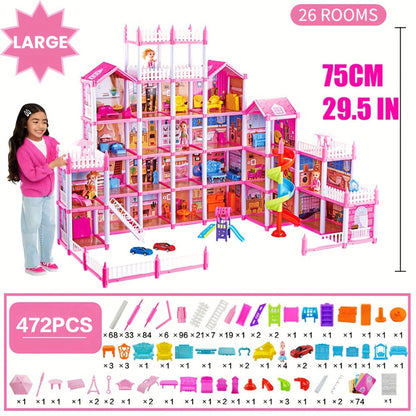 Princess Doll House Castle with Furniture & Accessories, Pink or Blue Mini Villa Playset 14 to 27 Rooms