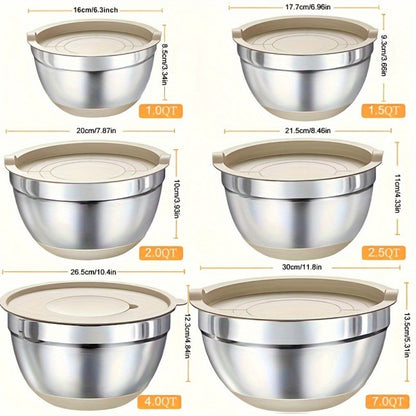 Stainless Steel Mixing Bowls with Airtight Lids 26pcs Set, 3 Grater Attachments, Bottoms, 7Qt 4Qt 2.5Qt 2Qt 1.5Qt 1Qt