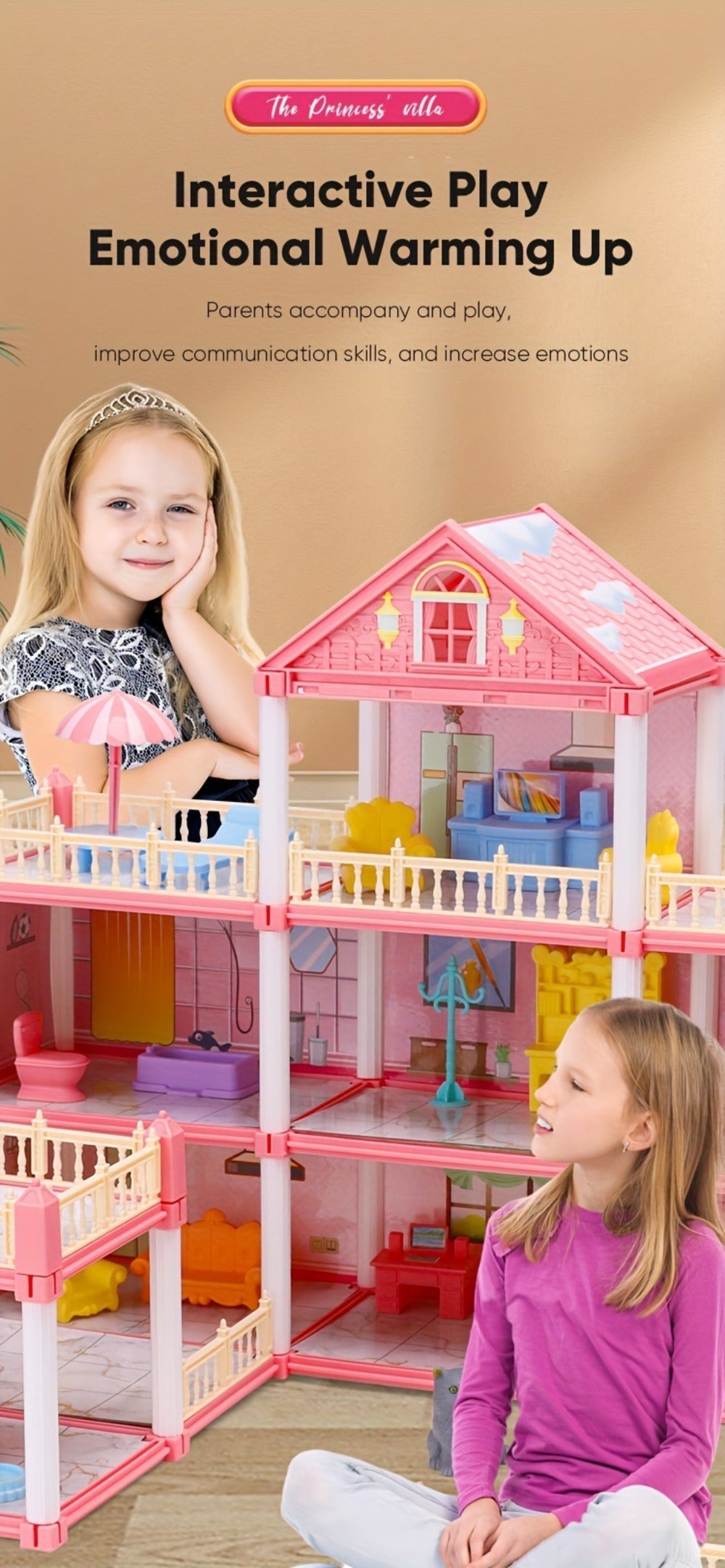 Princess Doll House Castle with Furniture & Accessories, Pink or Blue Mini Villa Playset 14 to 27 Rooms