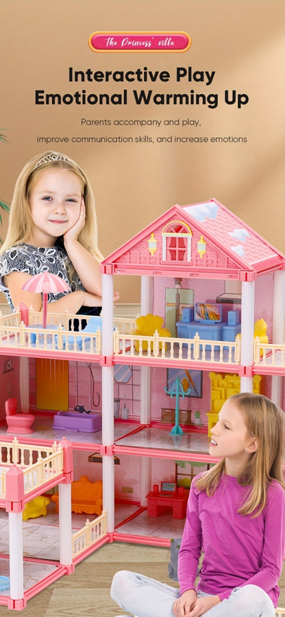 Princess Doll House Castle with Furniture & Accessories, Pink or Blue Mini Villa Playset 14 to 27 Rooms