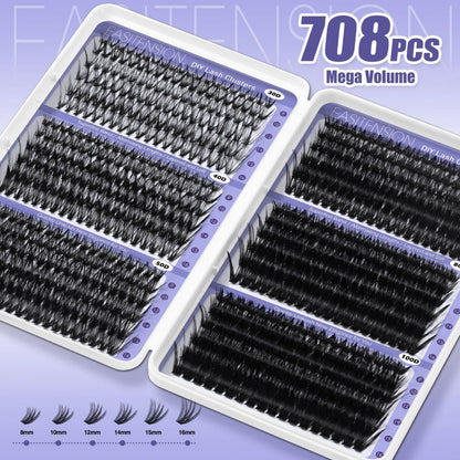 Premade Lash Clusters 708Pcs Mixed Length 30D 50D 80D 100D Wispy Volume Kit – Natural Fluffy DIY Lash Extensions with Bond Seal & Applicator