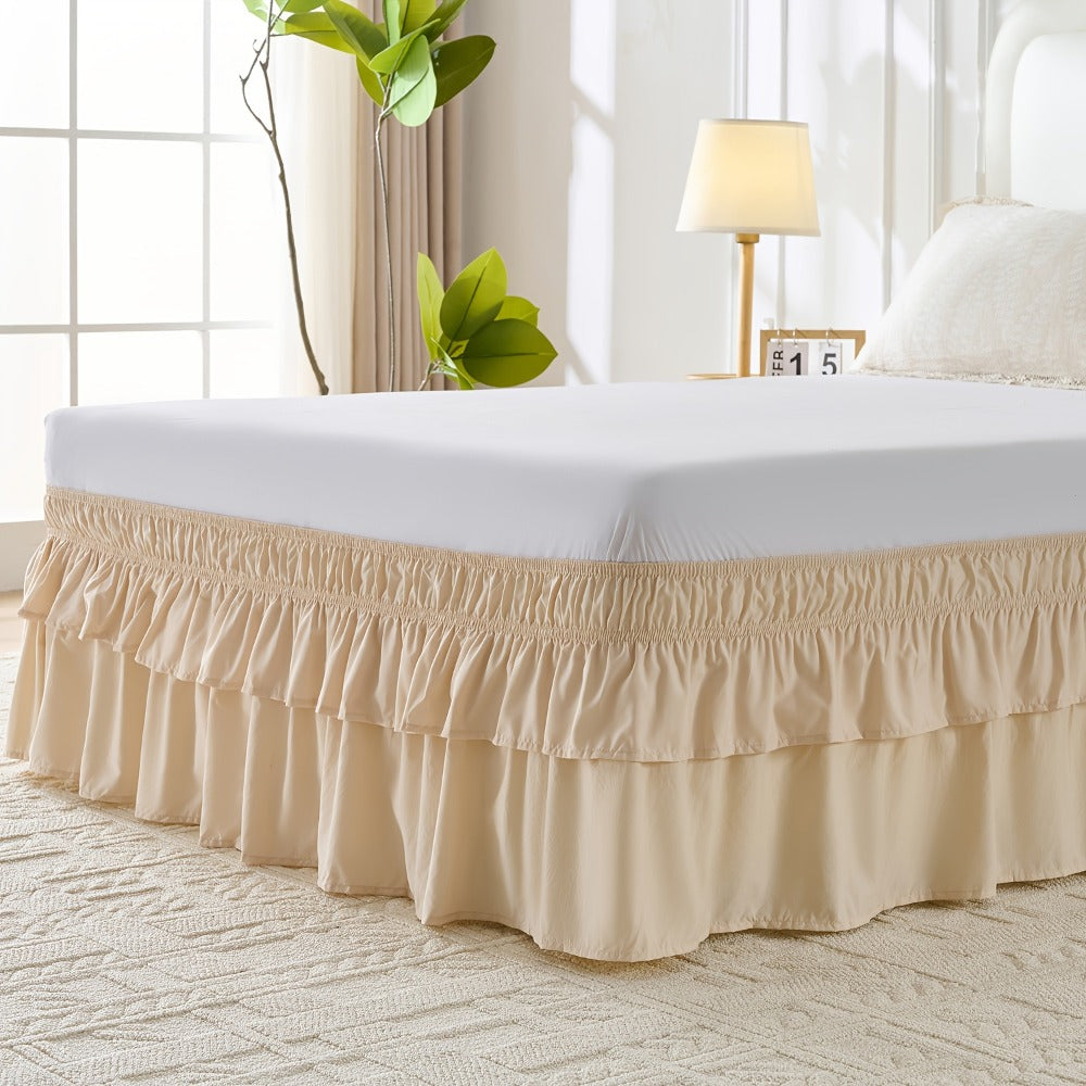 Double Ruffle Bed Skirt 16" Drop, Elastic Wrap Around Dust Ruffle for Twin Full Queen King Bed, Easy Install Linen Poly Blend Bedskirt
