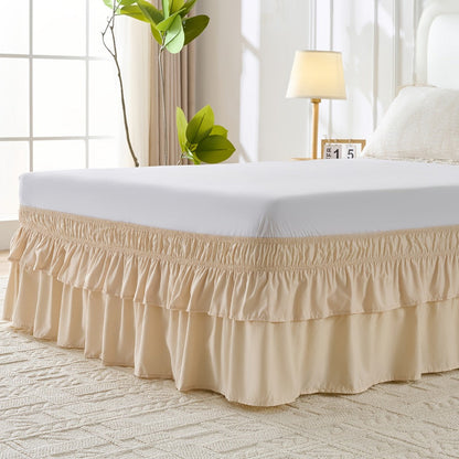Double Ruffle Bed Skirt 16" Drop, Elastic Wrap Around Dust Ruffle for Twin Full Queen King Bed, Easy Install Linen Poly Blend Bedskirt
