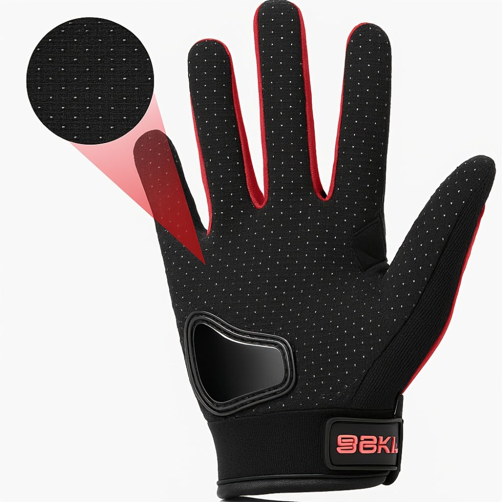 Full-Finger Motorcycle Gloves with Segmented Knuckle Shell, Wrist Tabs, Black or Red in M to XL