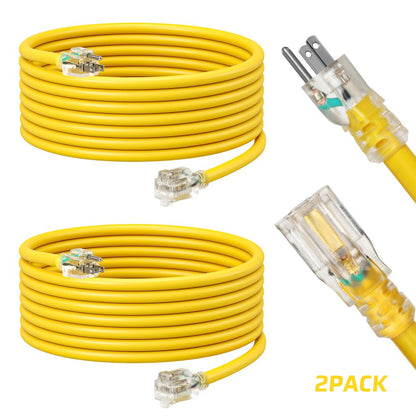 Extension Cord 2 Pack 15ft Outdoor Indoor SJTW 16/3 Full Copper Wire LED Power Indicator 13A 125V 1625W Grounded 3 Prong