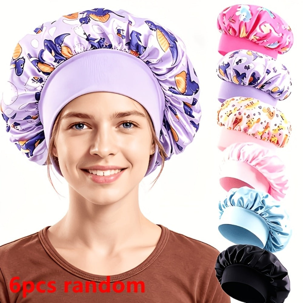 Shower Caps 6 Pack Unicorn Colorful Printed – Adjustable Elastic Reusable Waterproof Hair Cap Set for Women & Girls