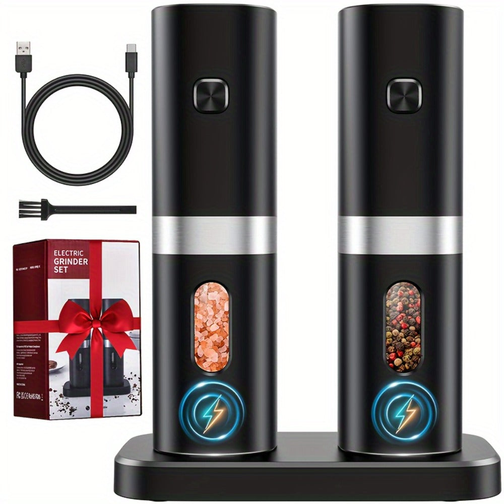 Electric Salt and Pepper Grinder Set 2-Pack Rechargeable with Charging Base & White Light - One-Hand Operation