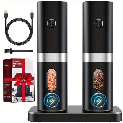 Electric Salt and Pepper Grinder Set 2-Pack Rechargeable with Charging Base & White Light - One-Hand Operation