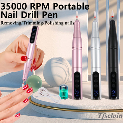 Electric Nail Drill 35000 RPM USB Rechargeable Pen with Digital Display and Three Color Options