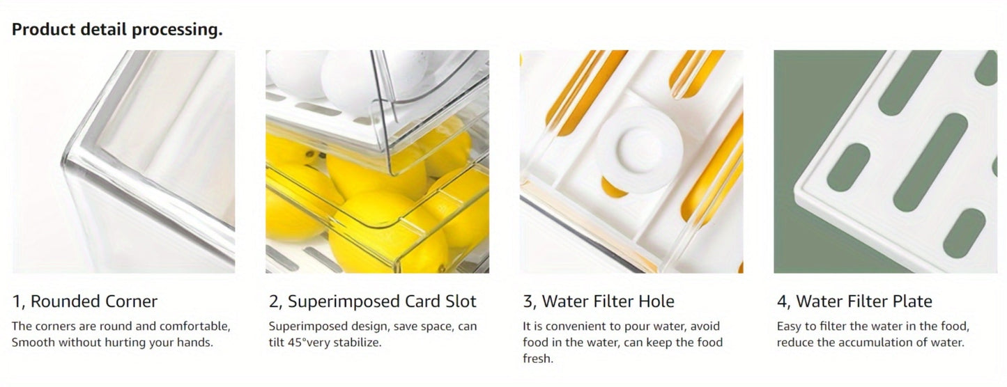 Stackable Fridge Organizer Bins with Drawer, Refrigerator Storage Containers with Drain Board & Ventilation