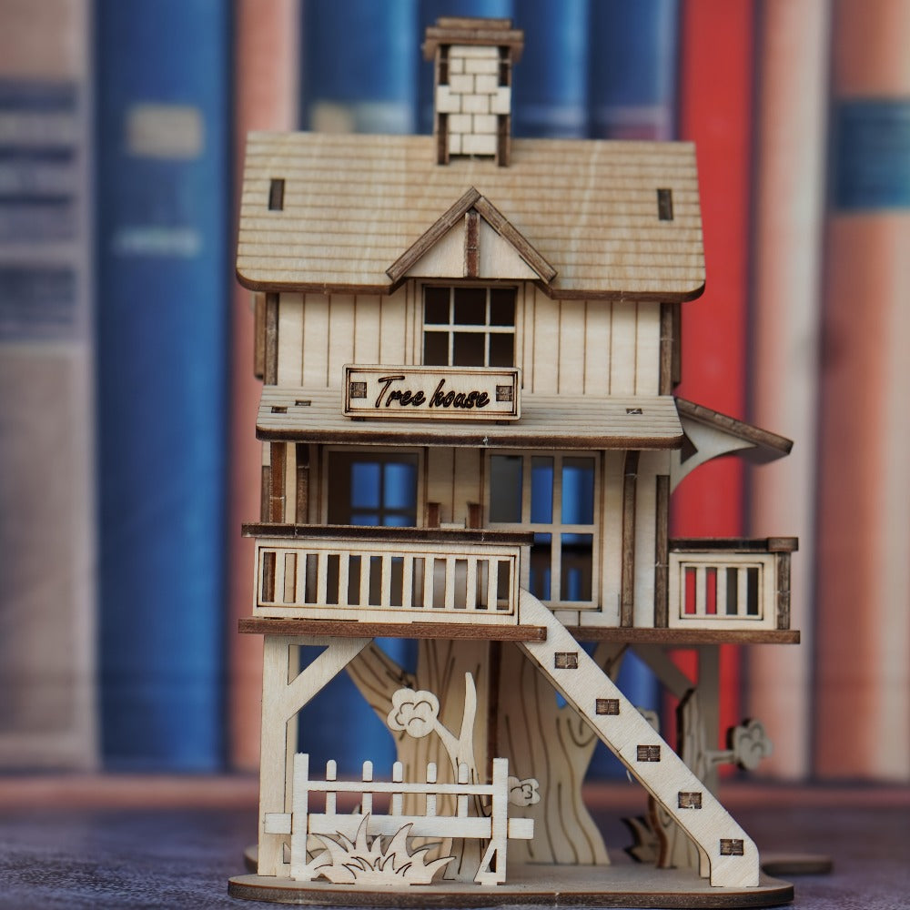 3D Wooden Tree House Puzzle Model Kit with 17 x 12.5 x 11.5 cm Display Size and Detailed Cabin Architecture