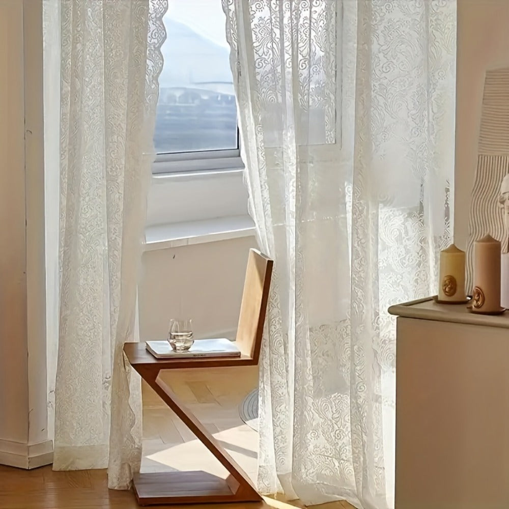 Sheer Curtain Rod Pocket Floral Lace Semi-Sheer Window Panel for Living Room Bedroom Kitchen Bathroom, 100% Polyester, Machine Washable