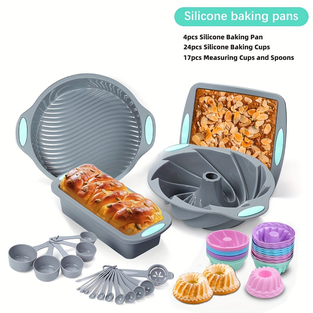 Silicone Bakeware Set with Cake Molds, Muffin Pan, Donut Pan, Baking Sheet, Baking Cups & Measuring Cups Spoons