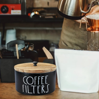 Coffee Filter Holder Kitchen Organizer with Wooden Lid, Countertop Canister in Black or White