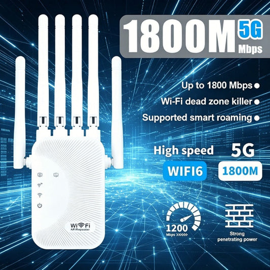 WiFi Range Extender 1800Mbps WiFi 6 Dual-Band 2.4/5GHz with Six Antennas, Ethernet Port and White Wall-Plug Design