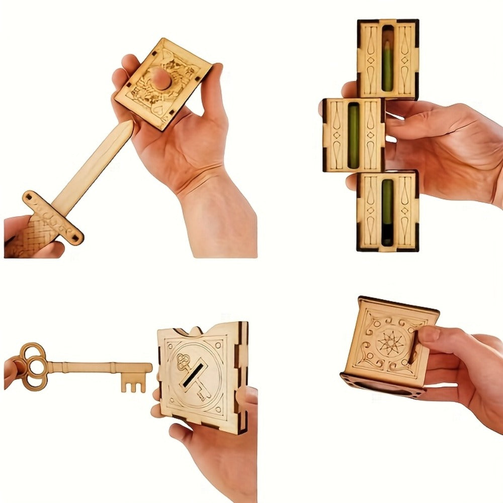 Wooden Magic Trick Set 4-Piece Kit, STEM Magic Puzzles with Sword Finger, Coin & Key Penetration