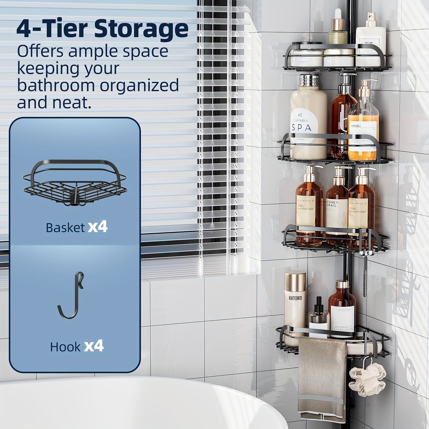 Corner Shower Caddy Tension Pole No Drilling Shower Organizer Shelf with Hooks for Bathroom for Bath Time, Home Spa and Personal Care