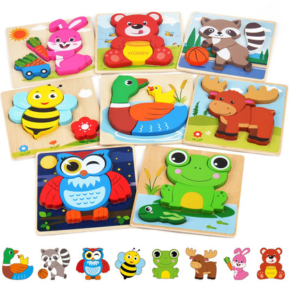 Wooden Animal Puzzles for Toddlers 8-Pack, Colors & Shapes Cognition Learning Toy for Kids Ages 1 2 3