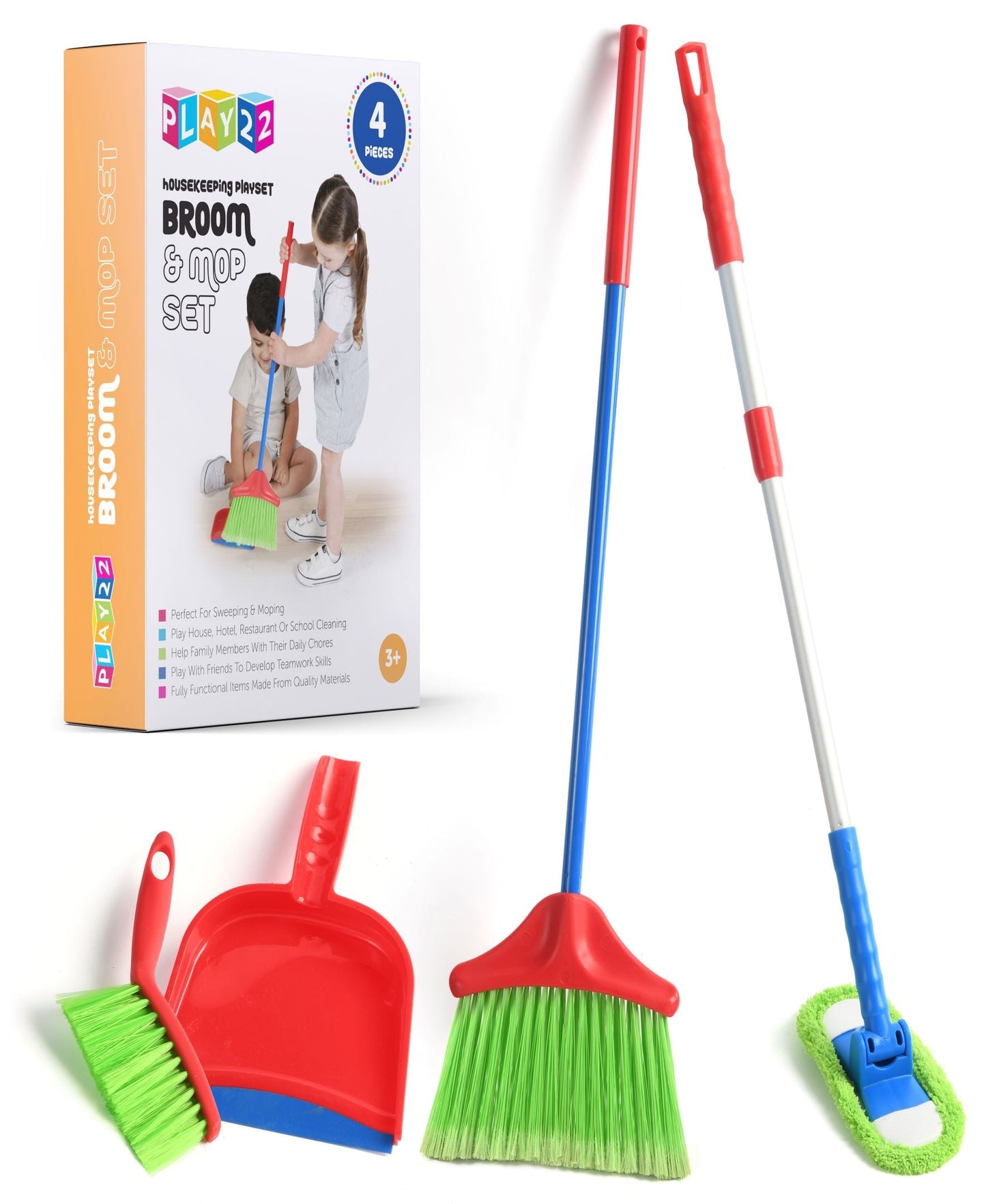Kids Cleaning Set 4 Piece Toy Broom Mop Brush Dustpan, Pretend Play Housekeeping Kit for Toddlers Boys Girls