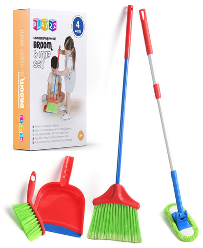 Kids Cleaning Set 4 Piece Toy Broom Mop Brush Dustpan, Pretend Play Housekeeping Kit for Toddlers Boys Girls