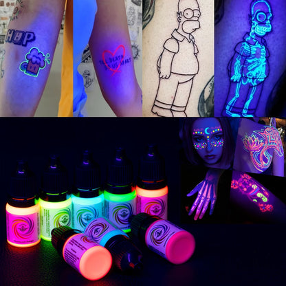 Tattoo Ink 8-Color UV Fluorescent Bottle Set with Violet and Neon Shades Across the with Item-Specific Color, Capacity and Bottle