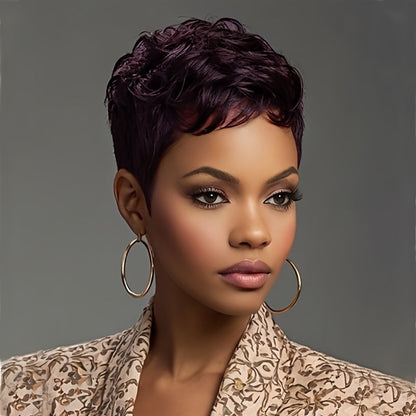 Layered Pixie Wig with Bangs Body Wave Rose Net Cap 4 Inch Synthetic Multi Color Black Burgundy Brown Red for Women Low Maintenance Casual